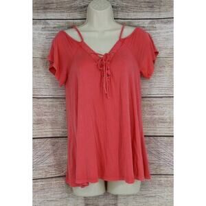 Umgee Womens Size Small Medium Criss Cross Cold Shoulder Top Shirt Pink